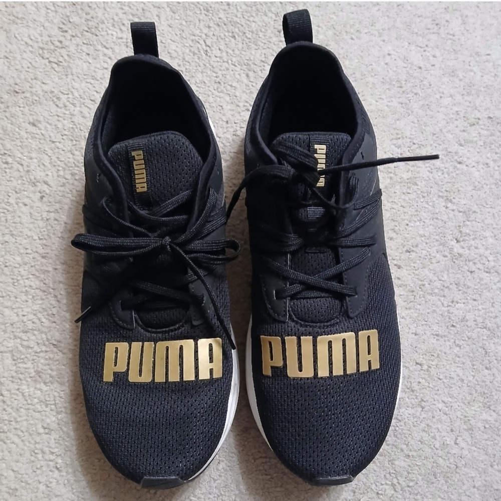 PUMA Black Sneakers with Gold Highlights, Size 9